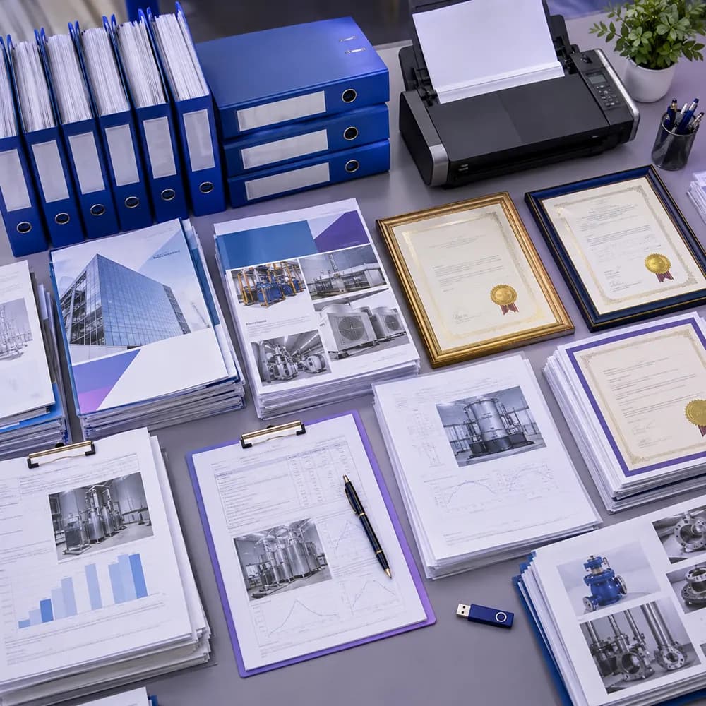 Bàn bày bìa còng, catalogue và giấy chứng nhận